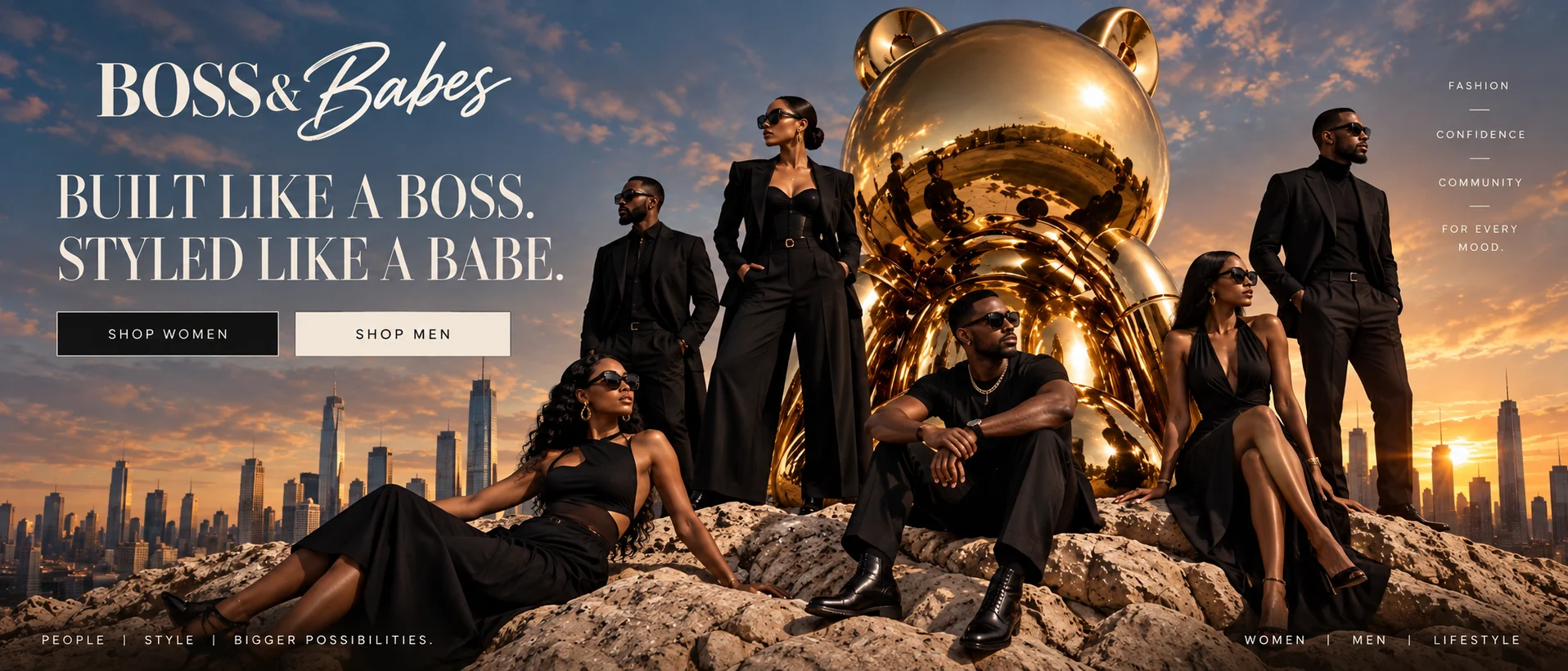 Boss & Babes campaign with a diverse cast in black fashion around a gold sculpture at sunset