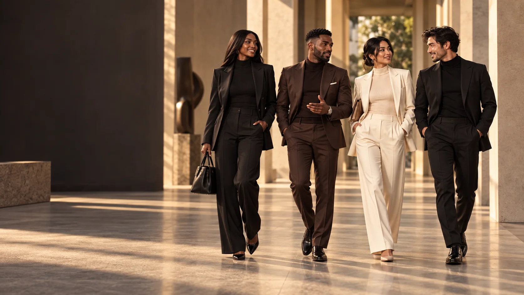 A diverse group in refined tailoring walking and talking in a warm modern arcade