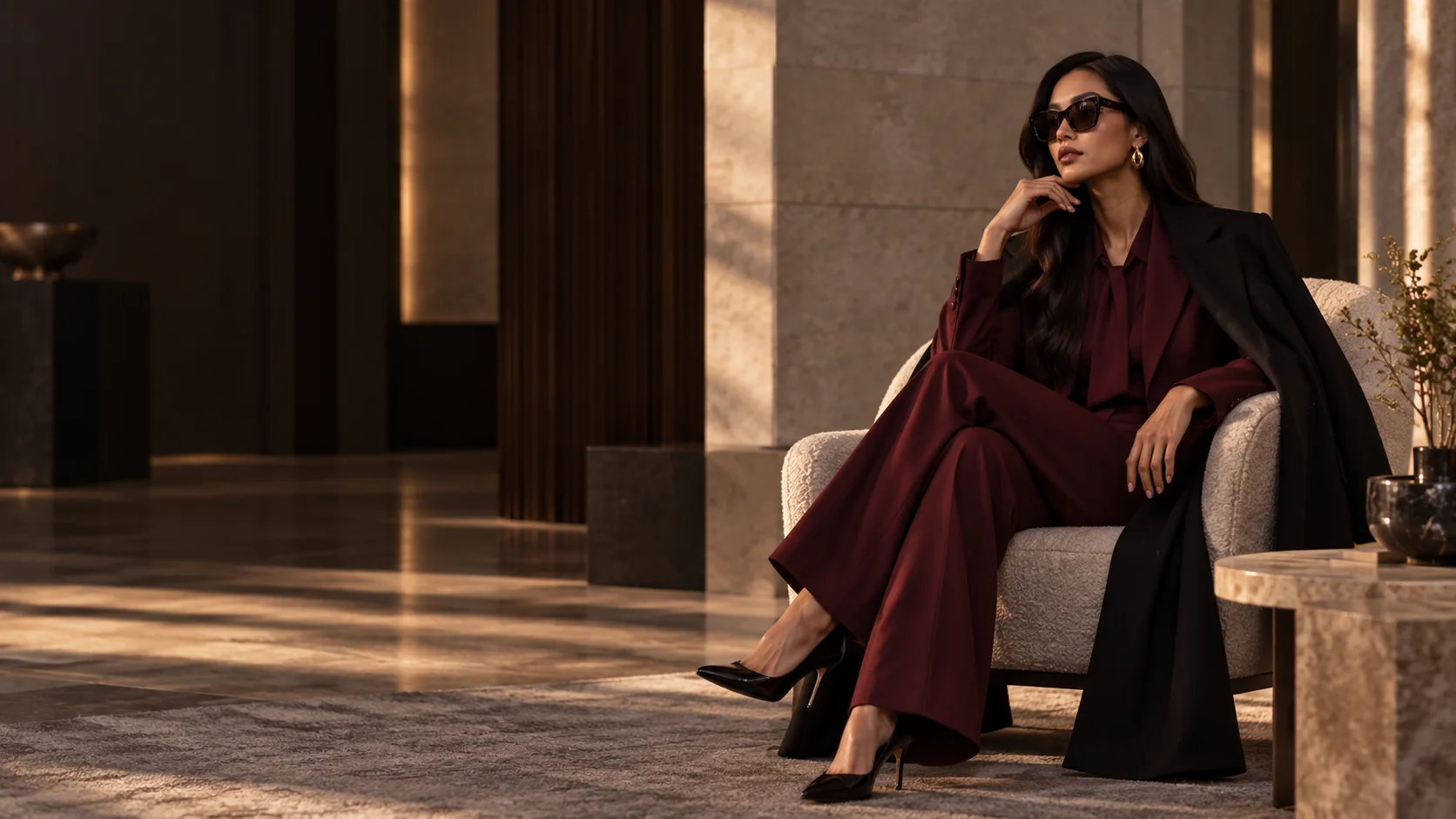 Woman in burgundy tailoring and a black coat seated in a refined architectural interior