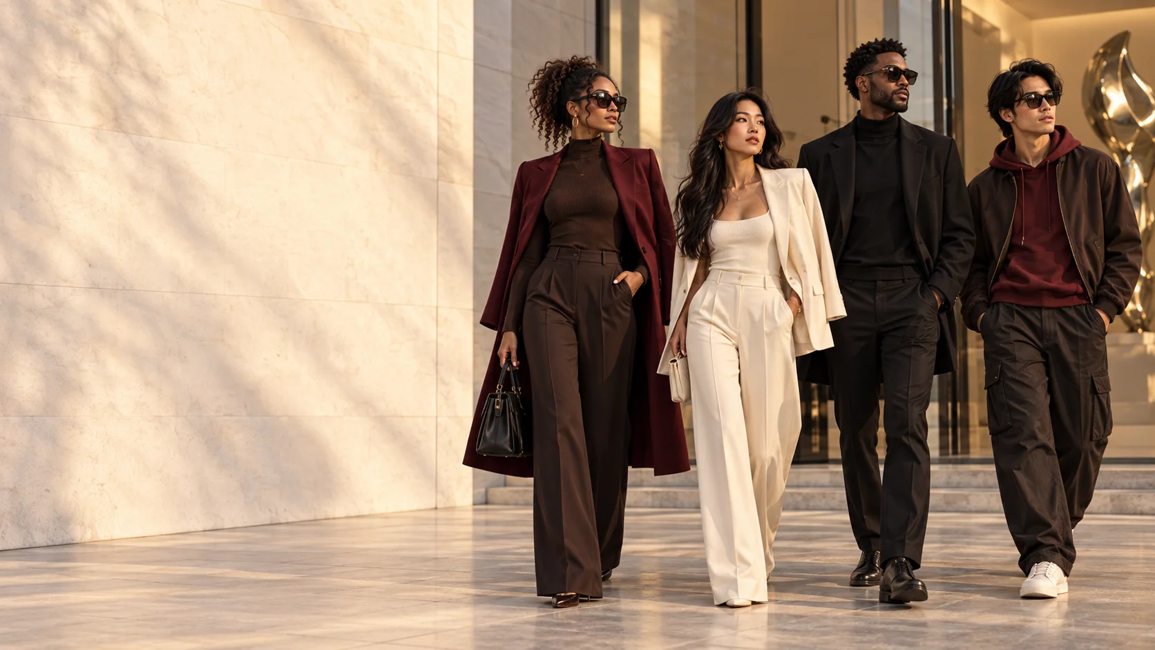 A diverse group in black, cream, chocolate, and burgundy looks walking outside a modern gallery